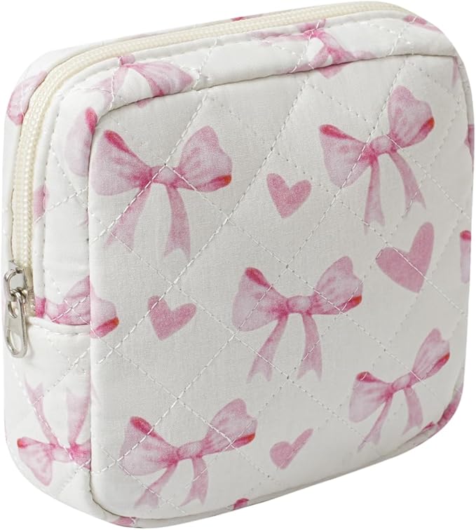 Small Quilted Cosmetic Pouch for Purse, Mini Cotton Makeup Bag with Compartments, Cute Zipper Lipstick Holder for Women (02Heart Bow)