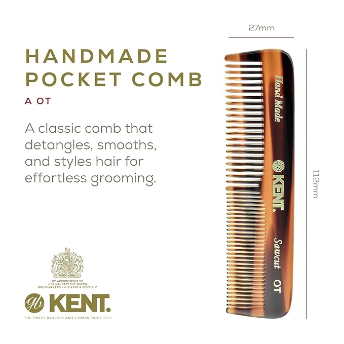 Kent OT Pocket Comb - Handmade Fine and Wide Tooth Hair Comb for Men, Women, and Kids - Travel, Beard, and Mustache Comb - Saw Cut and Hand Polished Made in England