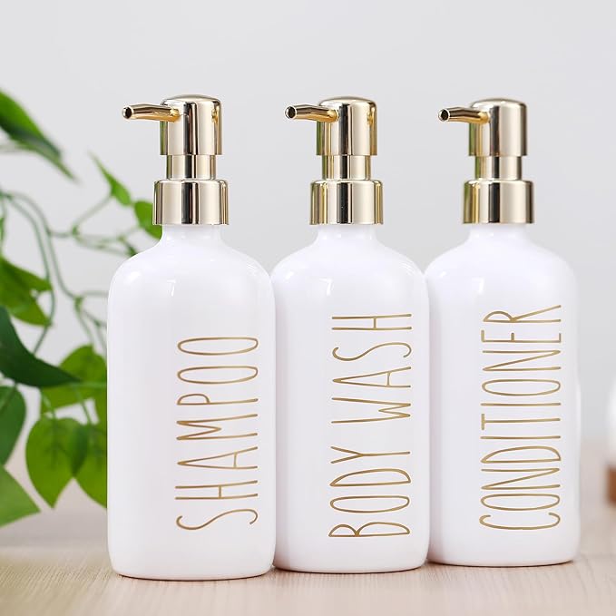 HOMCDALY Shampoo and Conditioner Dispenser Set of 3, 21oz Shower Soap Bottles with Pump, Refillable Shampoo Conditioner Body Wash Dispenser, Bathroom Shower Shampoo Bottles, Shampoo Container(P-Gold)