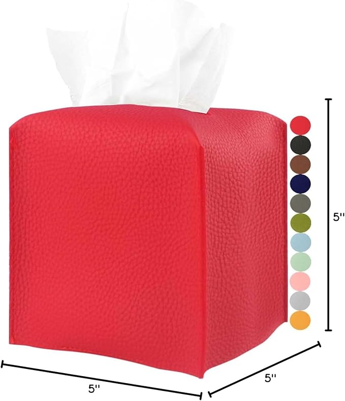 Red Tissue Box Cover Square – with Bottom Belt [JESMINI, Red] Modern PU Leather Tissue Cube Box Holder Decorative for Bathroom Vanity Countertop/Night Stands/Office Desk, 5x5x5