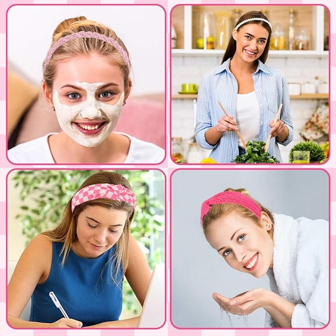AHONEY 7 Pack Hot Pink Headbands for Girls Women Headbands Trendy Checkered Non Slip Cute Y2K Hair Accessories Multi-style Headband Pack Diademas Para Mujer