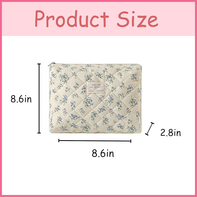 uekeboag Quilted Cotton Makeup Bag,Coquette Quilted Toiletry Bag for Women and Girls,Floral Coquette Pouch,Cute Kawaii Travel Cosmetic Bags(Yellow Blue Flower)
