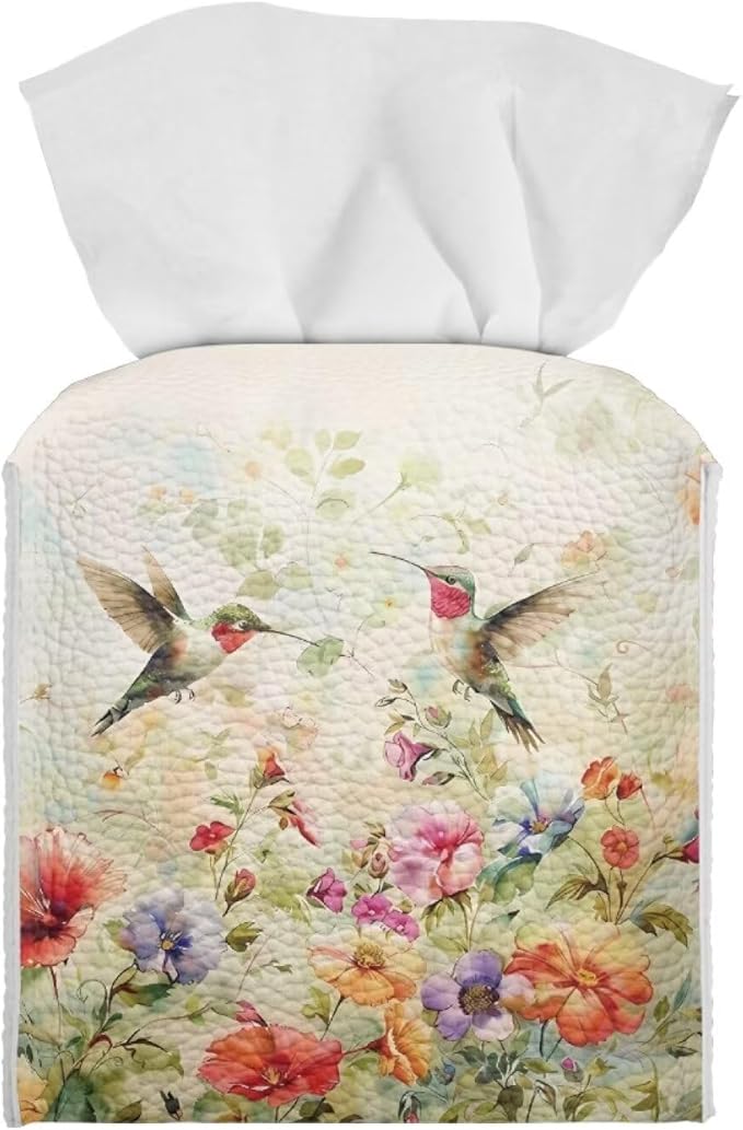 Bird Flowers Luxury Tissue Box Cover, Elegant PU Leather Square Tissue Case with Metal Button, Waterproof and Dustproof Napkin Holder for Home Decoration, Office, and Car Accessories