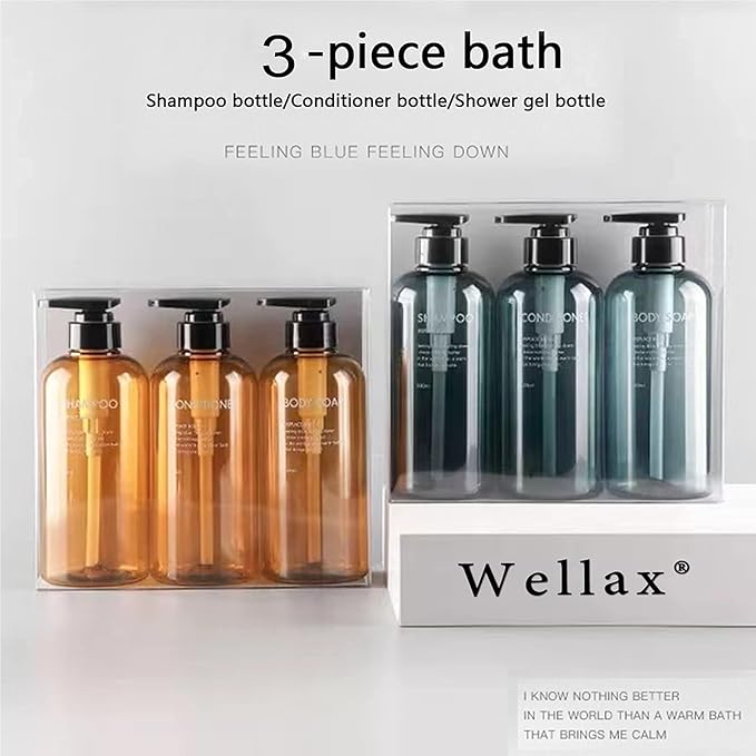 Refillable Shampoo and Conditioner Bottles, 10oz/300ml Shampoo Conditioner Body Wash Dispenser for Hotel Bathroom, 3pcs Plastic Shampoo Bottles with Pump (Blue)