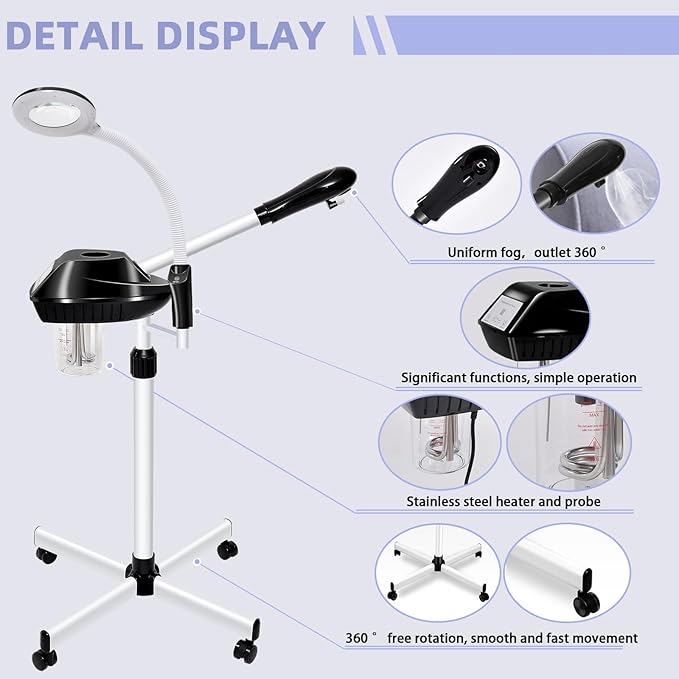Professional Facial Steamer, 2 in 1 Facial Steamer with 5X Magnifying Lamp for Deep Cleansing and Hydration, Face Steamer on Wheels with Time Setting, Estheticians Steamer for Spa, Salon and Home Use