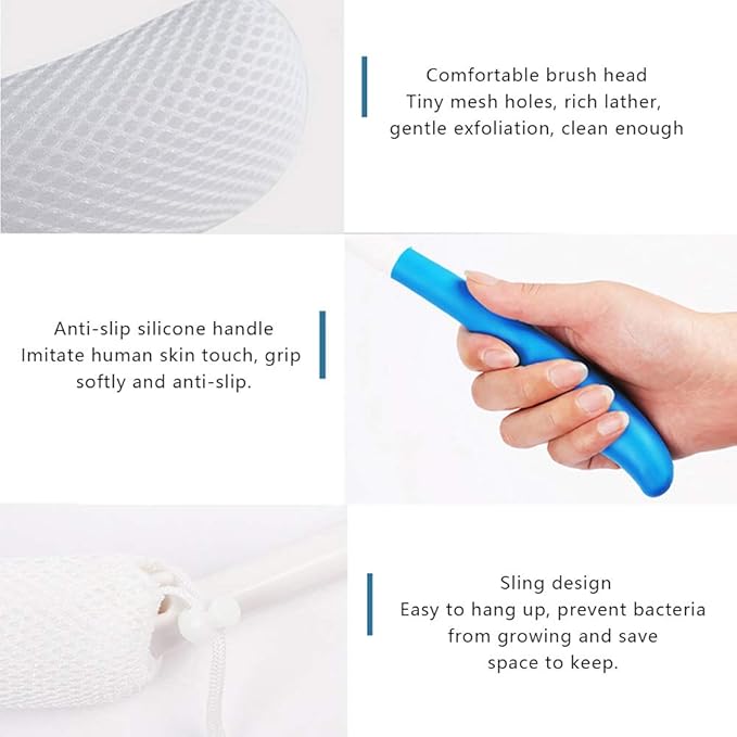 MagiDeal Vinyl Quote Me Long Anti-Slip Curve Handled Bath Body Brush, Easy Reach for Seniors, Suitable for Elderly/Pregnant Aid Bathing & Shower, Blue, 15.35"