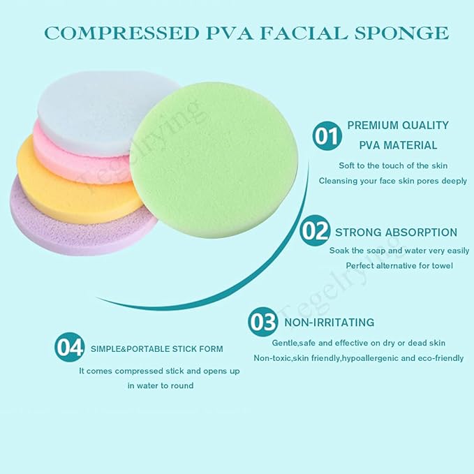 Facial Sponge Compressed,240 Count PVA Professional Makeup Removal Wash Round Face Sponge Pads Exfoliating Cleansing for Women,Yellow,Pink,Purple,Blue,Green