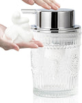Small Foaming Soap Dispenser, 7 Oz Clear Glass Foam Hand Soap Dispenser for Bathroom, Hand Wash Dispenser with Silver Foam Pump, Refillable Liquid Dish Soap Foam Dispenser for Kitchen