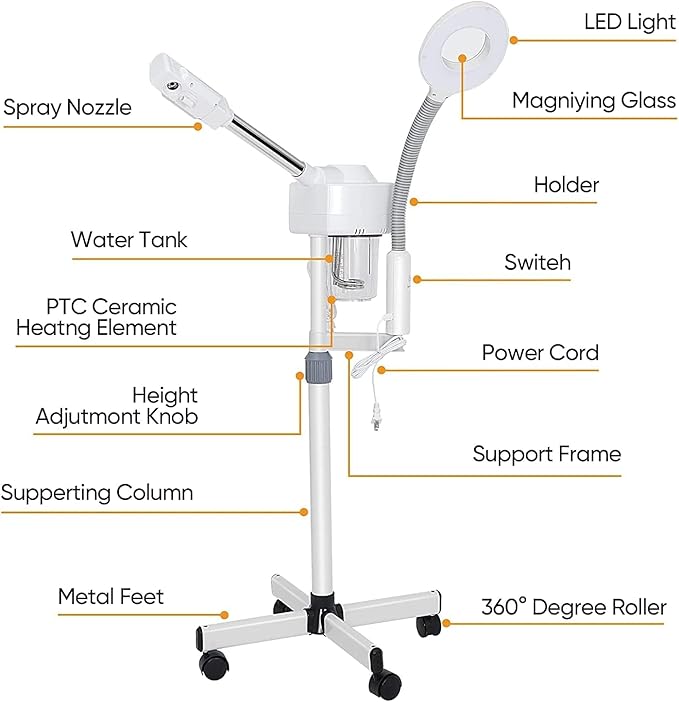 2 in 1 Facial Steamer Professional Nano Ionic Face Deep Cleansing Hydration with 5X Magnifying LED Lamp & Rolling Wheels, High Frequency, Portable Home Spa Salon Beauty Skin Care Equipment