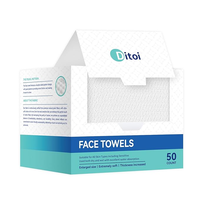 Ditoi Disposable Face Towels XL, Soft Cotton Facial Cleansing Cloths, Dry Face Towelettes for Makeup Removal, Sensitive Skin & Daily Skin Care, 50 Count, 10"×12"