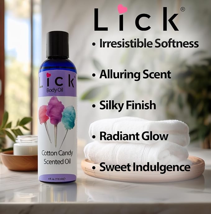 LICK Cotton Candy Dessert-Inspired Scented Body Oil – Fast-Absorbing Daily Hydration with Almond Oil & Vitamin E – 4 oz