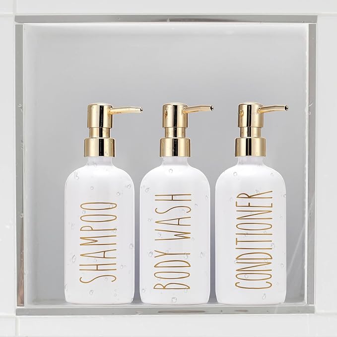 HOMCDALY Shampoo and Conditioner Dispenser Set of 3, 21oz Shower Soap Bottles with Pump, Refillable Shampoo Conditioner Body Wash Dispenser, Bathroom Shower Shampoo Bottles, Shampoo Container(P-Gold)