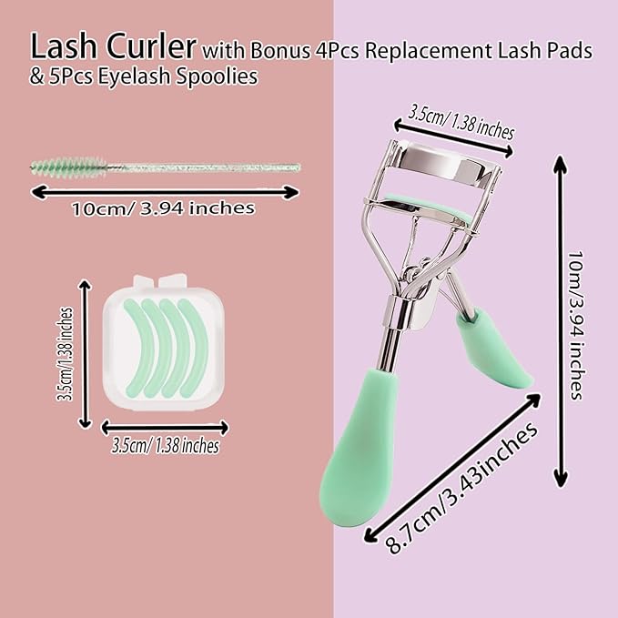 BenePoint Eyelash Curler, Lash Curler with Bonus 4Pcs Replacement Lash Pads& 5Pcs Eyelash Spoolies, Eyelash Curler Kit Portable Travel Eyelash Curler for Eyelash Extension (Green)