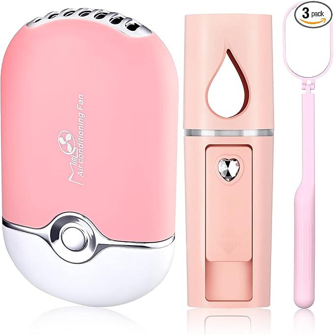 Honoson 3 Pcs Nano Mister for Lash Extensions Mini USB Lash Fan Dryer for Eyelash Extensions Handheld Eyelash Mirror Portable Facial Steamer 20 ml Water Tank(Heart Style,Pink)