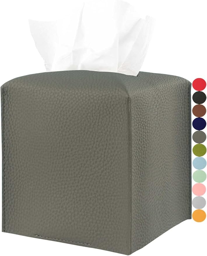 Tissue Box Cover Tissue Holder – Square Leather Tissue Cover Box with Bottom Belt [JESMINI, Dark Grey] Decorative Tissue Box Holder for Bathroom/Night Stands/Office