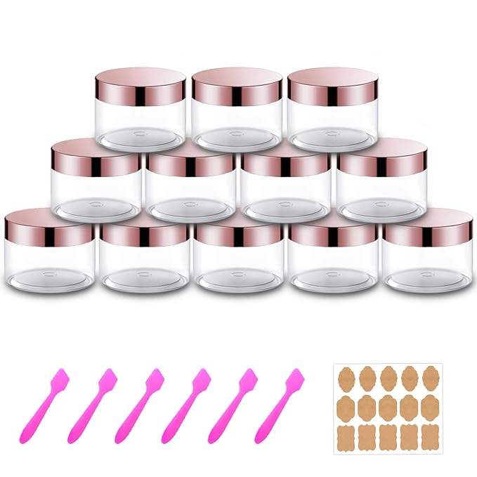 12 Pack 4 oz Plastic Cosmetic Containers With Rose Gold Lids Refillable Clear Empty Travle Jars Containers for Body Butter,Sugar Scrubs,Cream,Lotions,Candy, Label&Spatulas