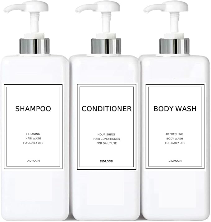 Modern Silver Shampoo and Conditioner Dispenser (21 oz, Pack of 3) Refillable Pump Bottle Set Empty Shower Plastic Bottles with Pump for Bathroom Body Wash Soap and Shower