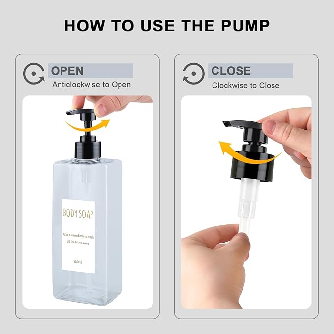 Shampoo and Conditioner Dispenser (Set of 2, 16.9oz) Modern Refillable Shampoo Pump Bottles for Shower Soap - Empty Body Wash Dispenser Set for Bathroom (Transparent)