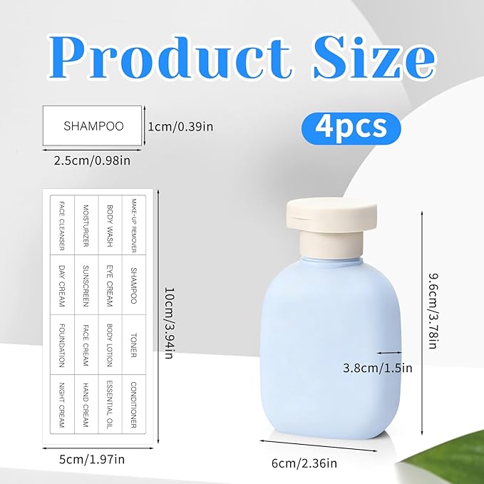 3.4 oz Plastic Small Travel Shampoo Bottles, 4 Pack Empty Refillable Leak-Proof Squeeze Containers with Flip Cap for Toiletries Conditioner Lotion Creams Body Wash, Includes Labels (Green, Blue)