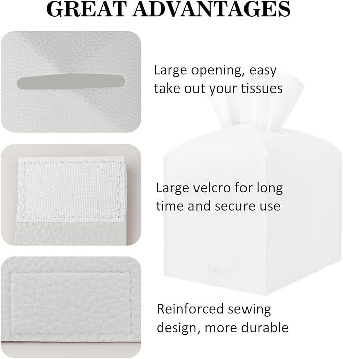 Tissue Box Cover Holder Square Tissue Cube Cover PU Leather Tissue Organizer with Bottom Belt for Bathroom, Tabletop, Car, Night Stands, Office, Home, Kitchen (1, White)