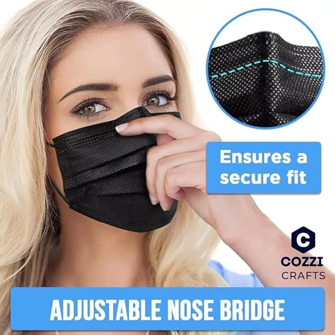 Black Face Masks, 3-Ply Black Masks Disposable 100 Pk (Premium Comfort Soft White Inside) Breathe Easy