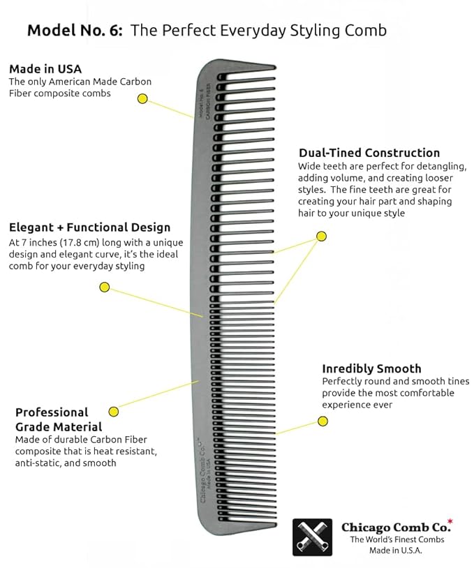 Chicago Comb Model 6 Carbon Fiber, 7 inches (17.8 cm) long, anti-static, graphite black, made in USA
