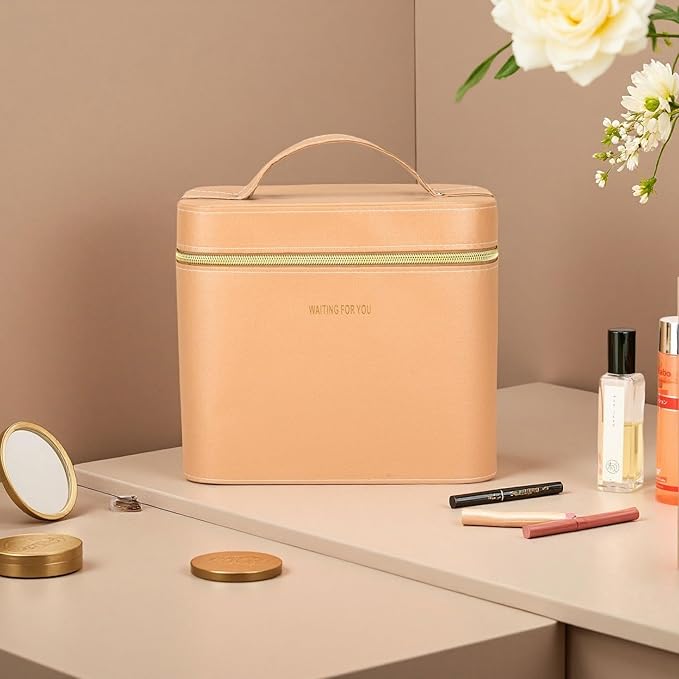 Fashion makeup box, Portable leather hard cosmetic case with mirror, Sturdy train case make up box for women adults. (Double- yellow)
