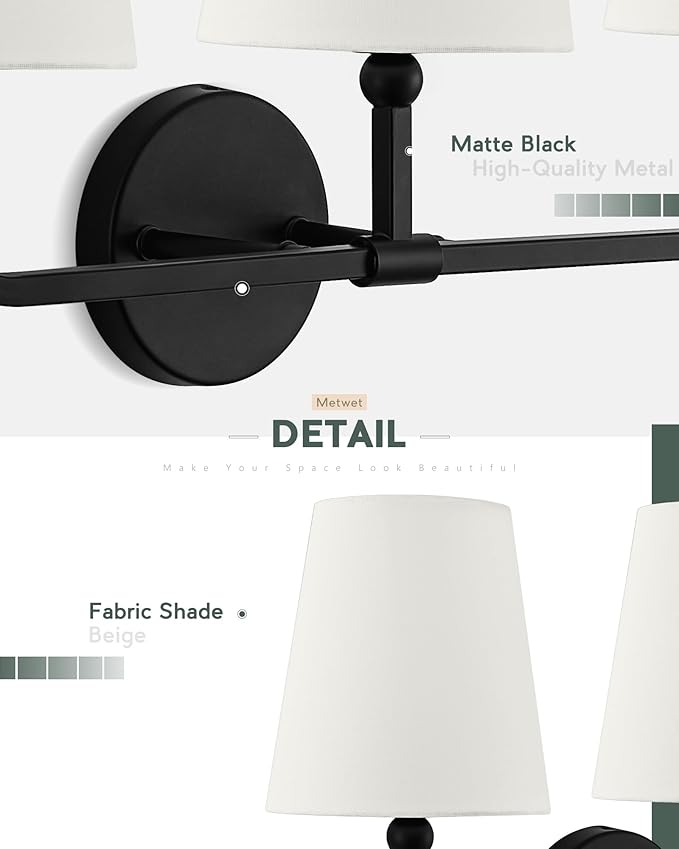 Bathroom Light Fixtures, 3-Light Matte Black Vanity Lights with Flared Beige Fabric Shade, Vintage Sconces Wall Lighting for Hallway Bedroom, VL837-MB-B-3