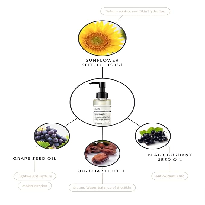 DearKlairs Gentle Black Fresh Cleansing Oil – Only 6 Ingredients, Korean Oil Cleanser for Oily & Sensitive Skin, Vegan Makeup Remover, Pore Cleansing, Double Cleansing Step 1, 5.07 Fl Oz