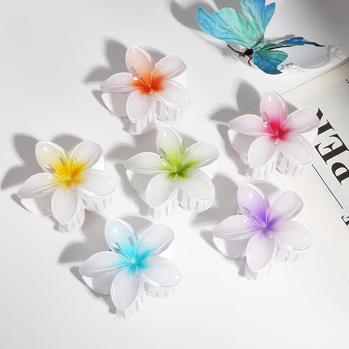 Flower Hair Clips 6 PCS Hawaiian Claw Clips for Vacation Hibiscus Hair Claw Clips Cute Large Hair Clips for Thick and Thin Hair Plumeria Hair Accessories for Women Girls -White Colorful