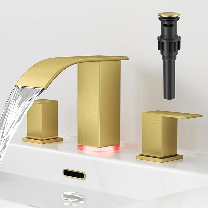 RUMOSE LED Bathroom Faucets Set Brushed Gold 8 inch Bathroom Sink Faucet 3 Hole with Pop Up Drain Widespread Waterfall Vanity Faucet with 3 Colors Light Changing Stainless Steel Deck Mounted