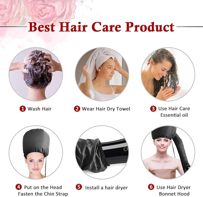 Bonnet Hood Hairdryer Attachment - Upgraded Hair Dryer Bonnet with Chin Strap and Longer Extended Hose More Easy to Enjoy Styling, Curling and Hair Deep Conditioning, Free Carrying Case Hooded Dryer.
