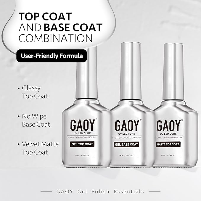 GAOY Gel Top Coat, Matte Top and Base Coat Set, 3 Pcs 16ml Glossy Matte No Wipe Combination for UV Light Cure Gel Nail Polish