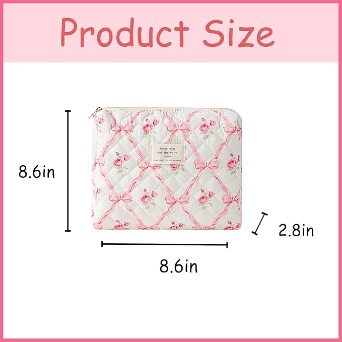 uekeboag Quilted Cotton Makeup Bag,Coquette Quilted Toiletry Bag for Women and Girls,Floral Coquette Pouch,Cute Kawaii Travel Cosmetic Bags(Pink Bow)