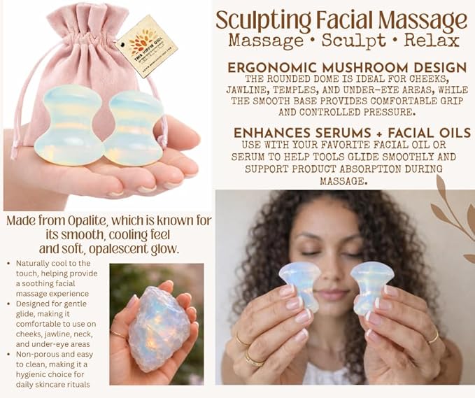 This Hippie Girl Gua Sha Mushroom Set, Jaw Sculpting Tools, Opalite Stone Facial Toning and Yoga Sculpt Massage Tool, 2 Gua Sha Mushrooms for Skin and Facial Treatment, Opal Facecare Tools