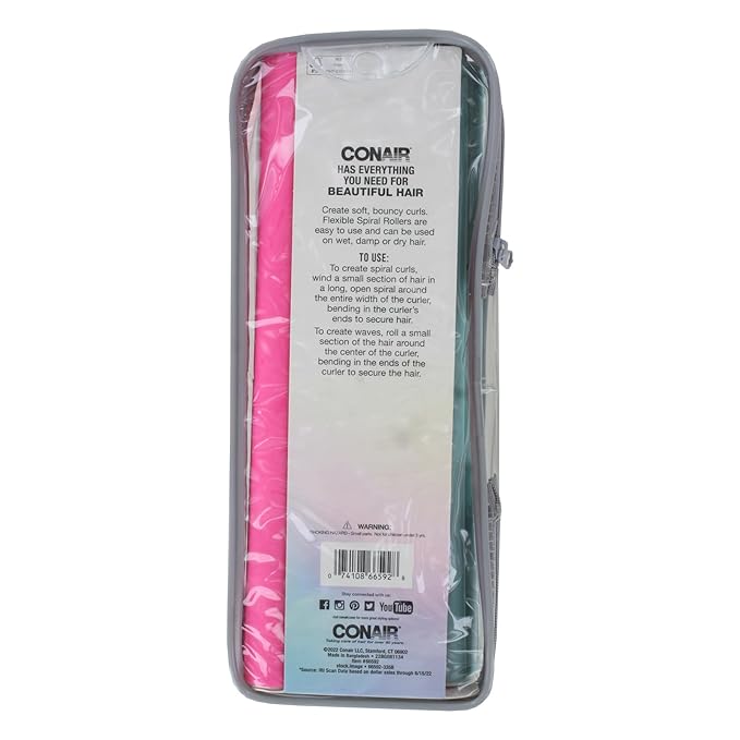 Conair Curls Spiral Rollers – Flexible Hair Curlers for Long Hair, No-Heat Styling, Soft & Bouncy Curls, Easy to Use on Wet or Dry Hair, Assorted Colors, 12-Piece Set with Storage Bag