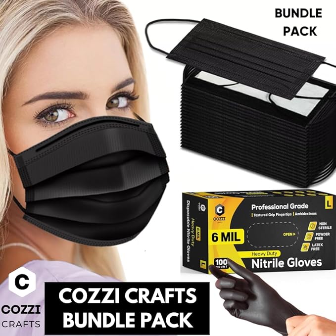 Black Face Masks, 3-Ply Black Masks Disposable 100 Pk (Premium Comfort Soft White Inside) Breathe Easy