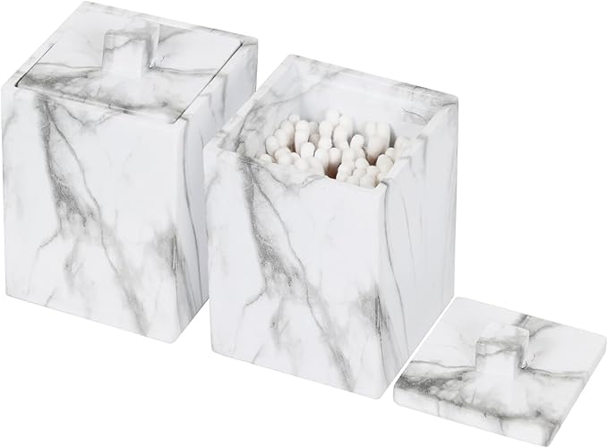 Jung Ford 2-Pack Marble Pattern Cotton Swab Holders with Lids, Resin Bathroom Vanity Storage Jars, Square Qtip Containers for Cotton Balls, Pads, and More (White)