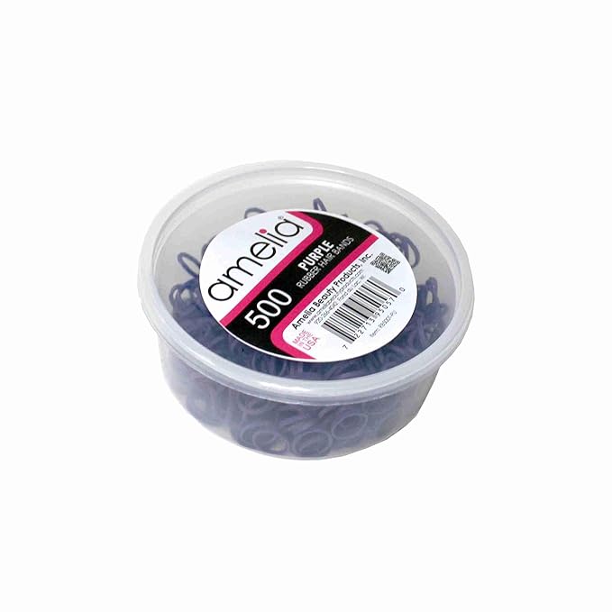 Amelia Beauty 500 Count Small Rubber Bands for Hair – ½" Purple - Made in USA - Recloseable Container - Mini Hair Elastics for Braids, Ponytails, Cornrows & Twists – Strong Hold Ponytail Holders