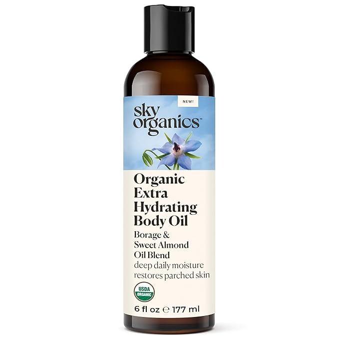Sky Organics Organic Extra Hydrating Body Oil, Nourishing Organic Skin Care with Borage, Acai & Sweet Almond Oil, Nourishing Hydration for Softer, Smoother, Refreshing Orange & Spearmint Scent,