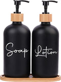 17 oz Hand Soap Dispenser Empty Glass Lotion Pump Bottles, Refillable Liquid Dish Soap Bottles for Bathroom Decor, Kitchen Sink, Matte Design and Wood Tray, Pack of 2, Black