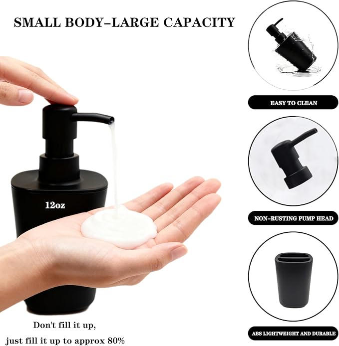 Matte Black Bathroom Accessory Set, 4-Piece Plastic Bathroom Accessory Set, Toothbrush Holder, Toothbrush Cup, Soap Dispenser, and Soap Dish, Suitable for Modern Home Bathroom Decoration