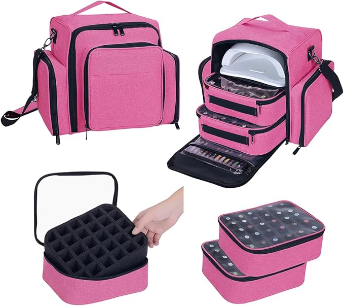 Nail Polish Organizer Case Holds 60 Bottles Portable Travel Storage Box with 2 Detachable Bags, Designed for Women's Nail Tools, Essential Oils and Cosmetics Sets Rose Red