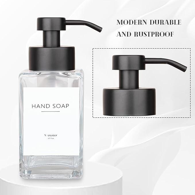 Foaming Soap Dispenser with Stainless Steel Pump, 12oz Refillable Glass Liquid Dish Soap Bottles for Bathroom, Kitchen Sink, Home Decor