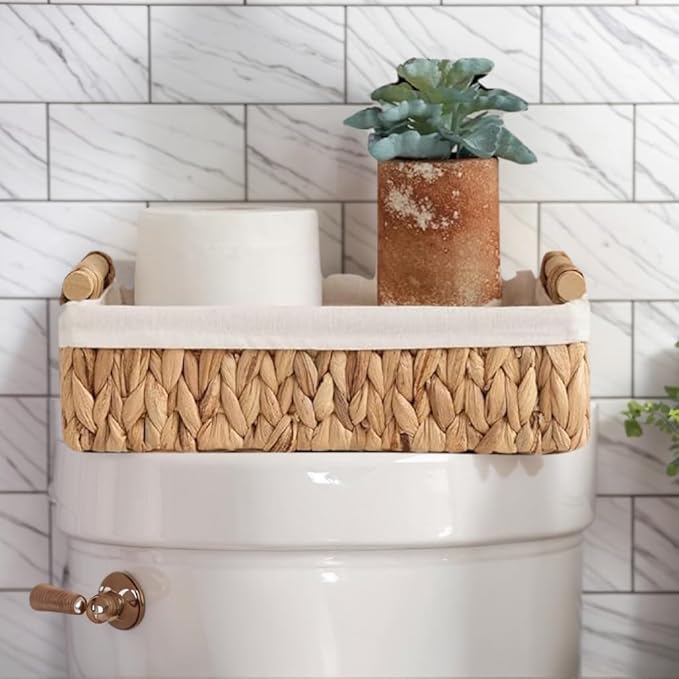 Baskets for Organizing, Set of 2 Natural Water Hyacinth Bathroom Countertop Baskets with Liner, Wicker Basket Organizer with Wooden Handles for Vanity, Counter, Shelf Storage