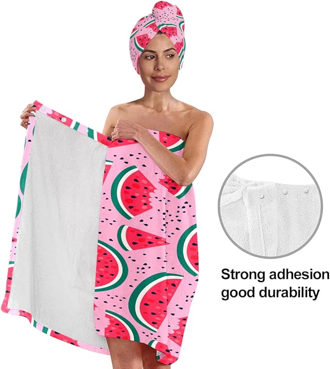 Watermelon Print Bath Wrap and Hair Drying Towel Set – Microfiber Quick Dry Shower Body Wrap for Women, Absorbent Spa Skirt with Elastic Band and Summer Fruit Design(Watermelon 2)