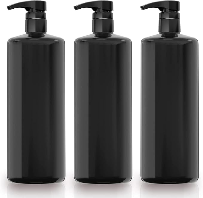 Bar5F 1-Liter BPA-Free Black Pump Bottles – Refillable PET Plastic Dispensers for Shampoo, Conditioner & Body Wash with UV Shield Gloss Finish, Heavy-Duty 3-Pack