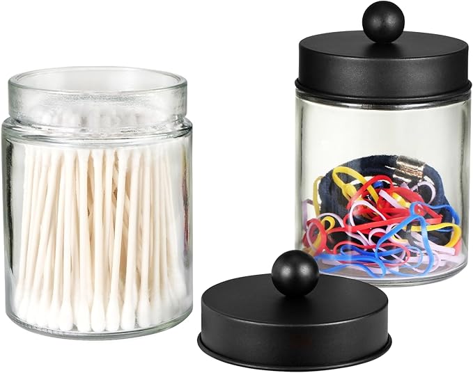 SheeChung 2-Pack Qtip Holder Dispenser - Glass Apothecary Jars with Rust-Proof Stainless Steel Lids - Modern Farmhouse Bathroom Vanity Organizer for Cotton Swabs, Balls, Pads(Black)