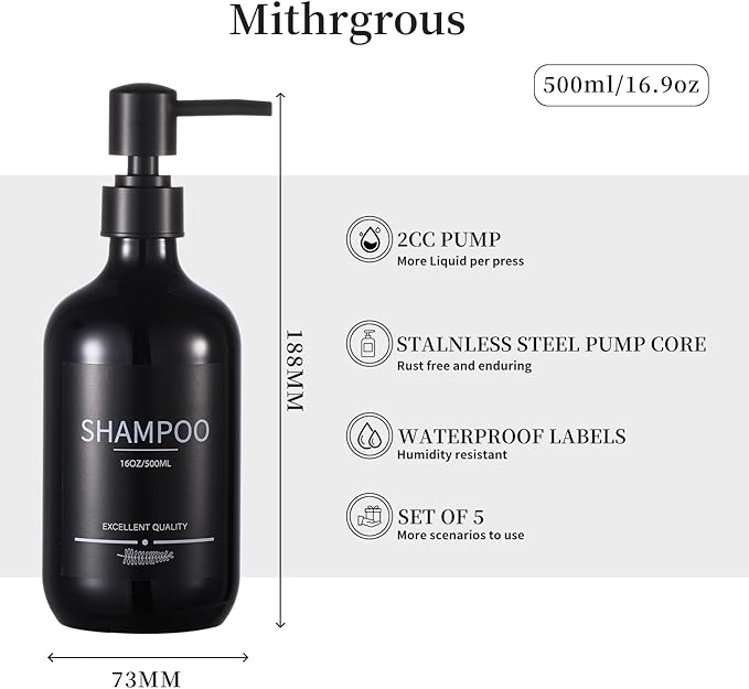 Shampoo and Conditioner Dispenser(5Pack) 16.9oz Refillable Shampoo and Conditioner Bottles,Dispenser for Shower (Black)
