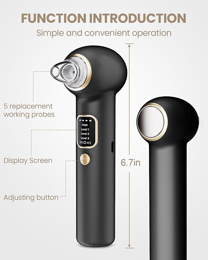 Electric Blackhead Remover Vacuum with Heating, 3 Suction Levels 5 Probes Pore Extractor Kit, Rechargeable Deep Pore Cleansing Tool for Women & Men (Black)